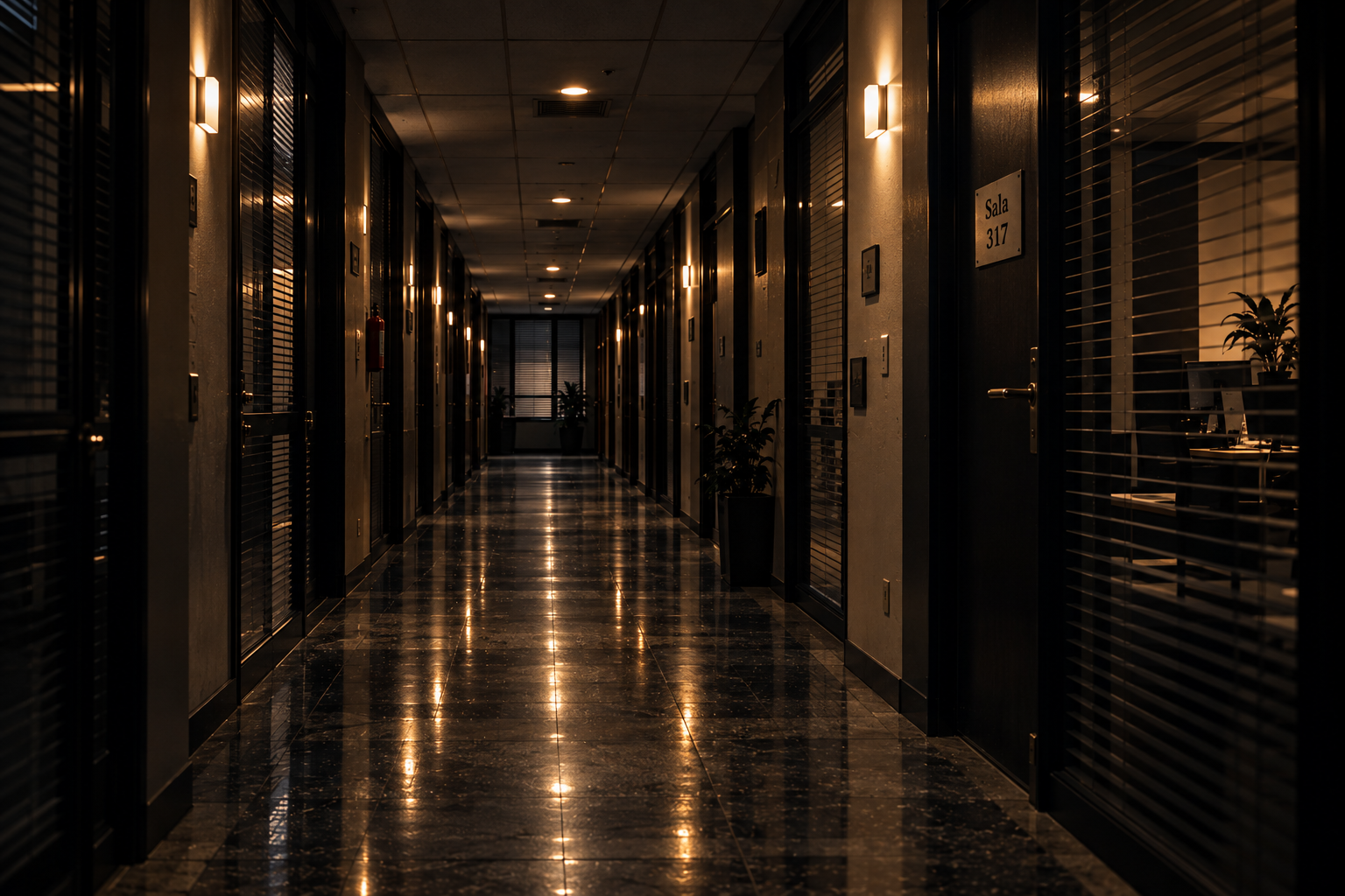 Corredor sombrio de hotel com carrinho de bagagens