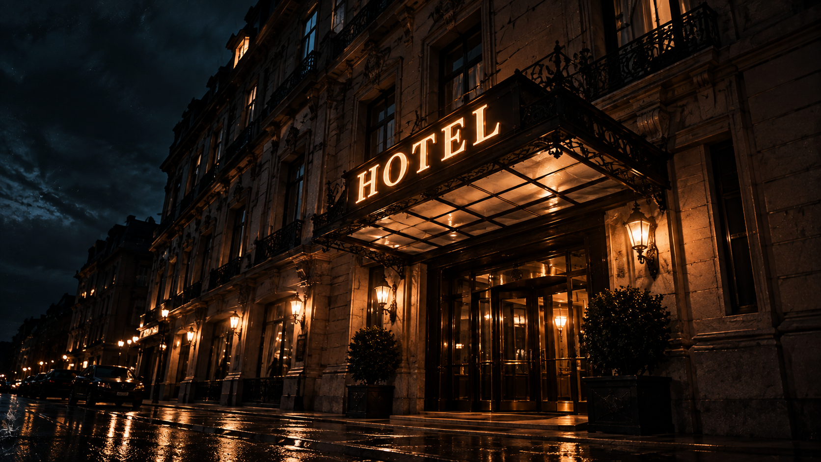Fachada de hotel à noite