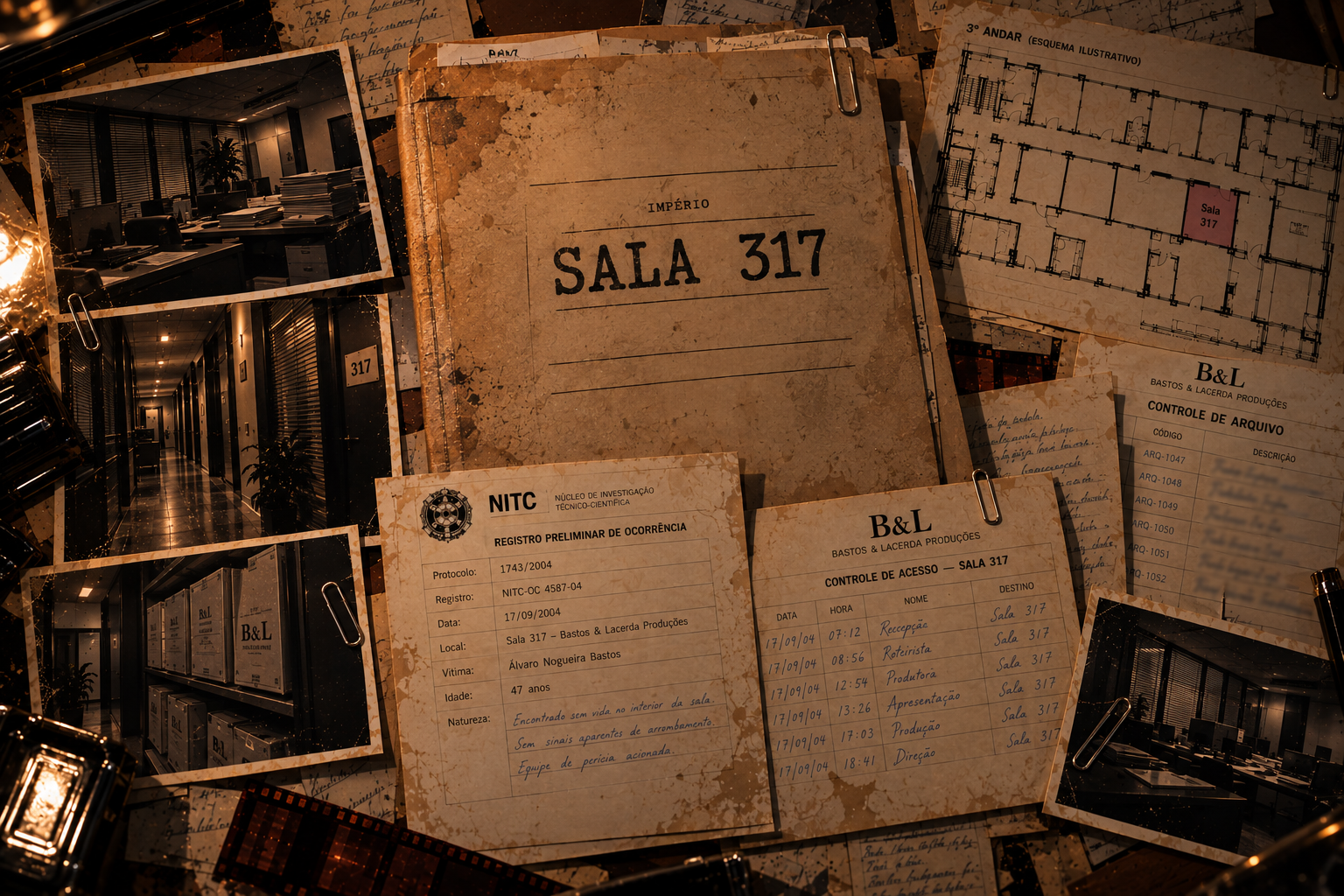 Pasta física de evidências com etiqueta Sala 317 e fotografias do caso